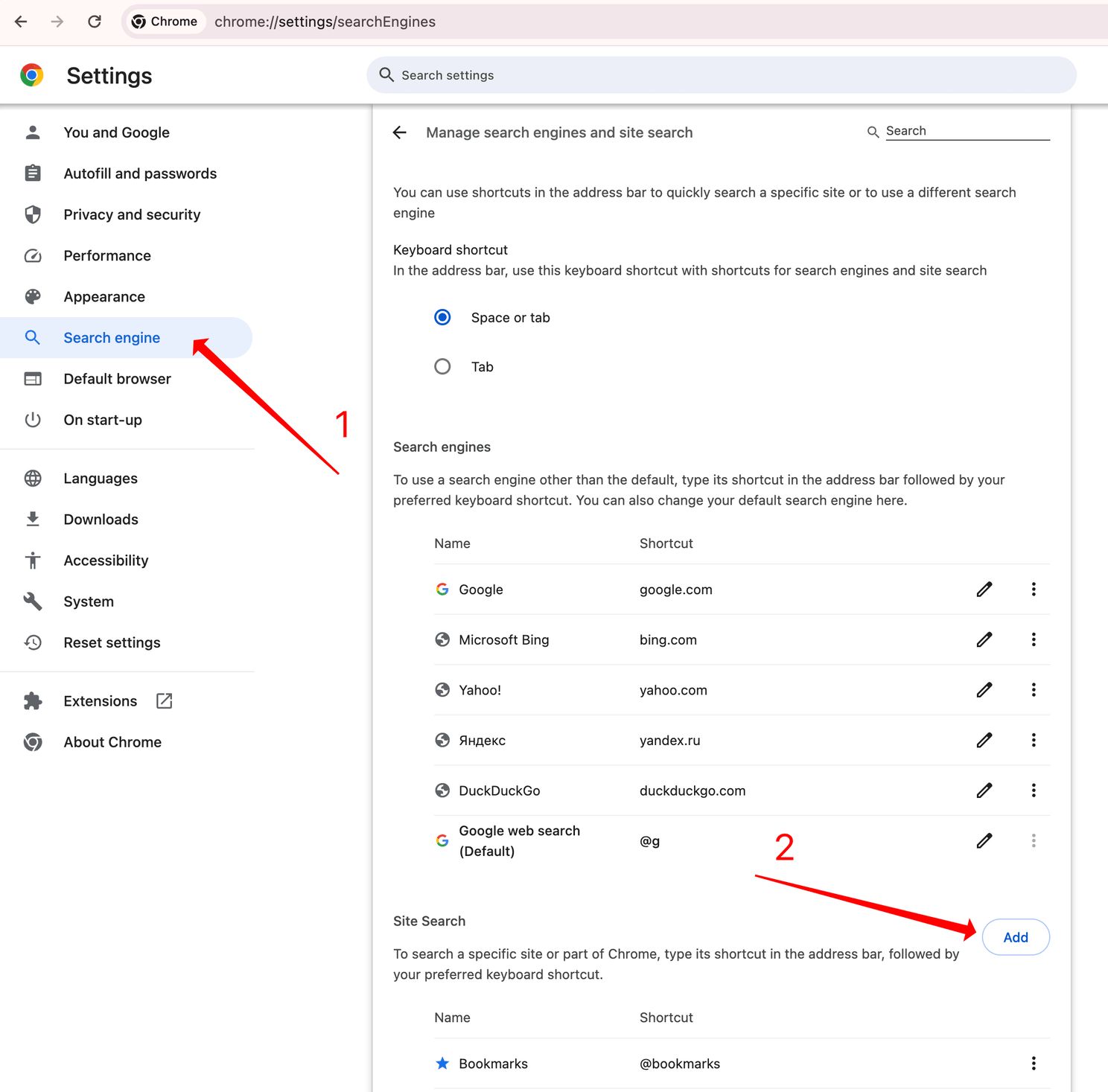 Chrome settings<br>