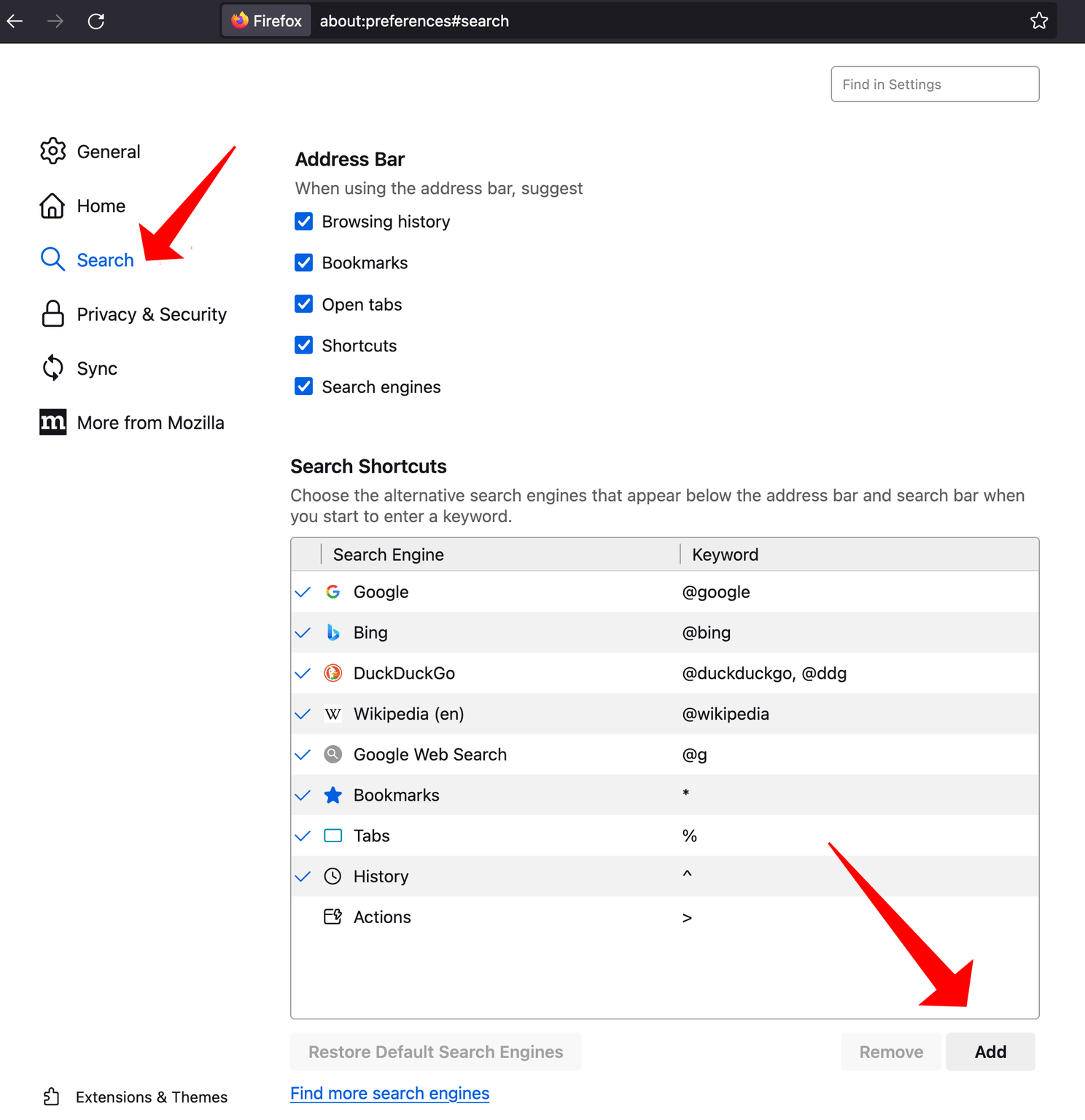 Firefox settings<br>